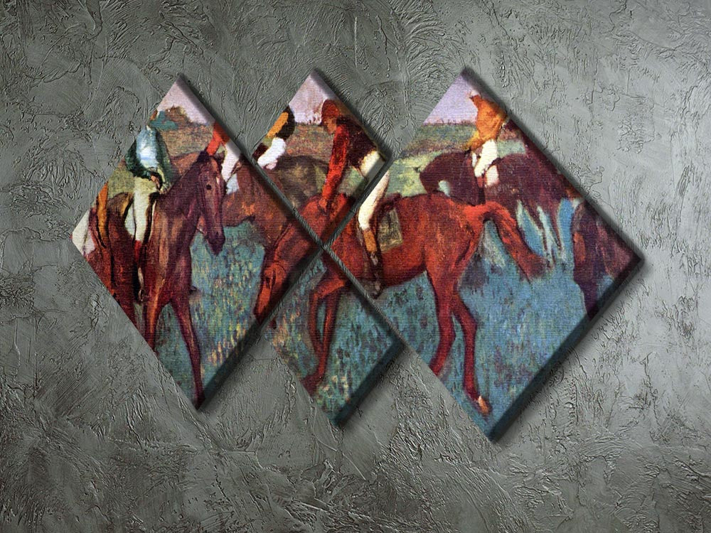 4-square multi-panel canvas art featuring Degas' 'Before the Start' depicting jockeys in training, showcasing vibrant colors and dynamic movement.